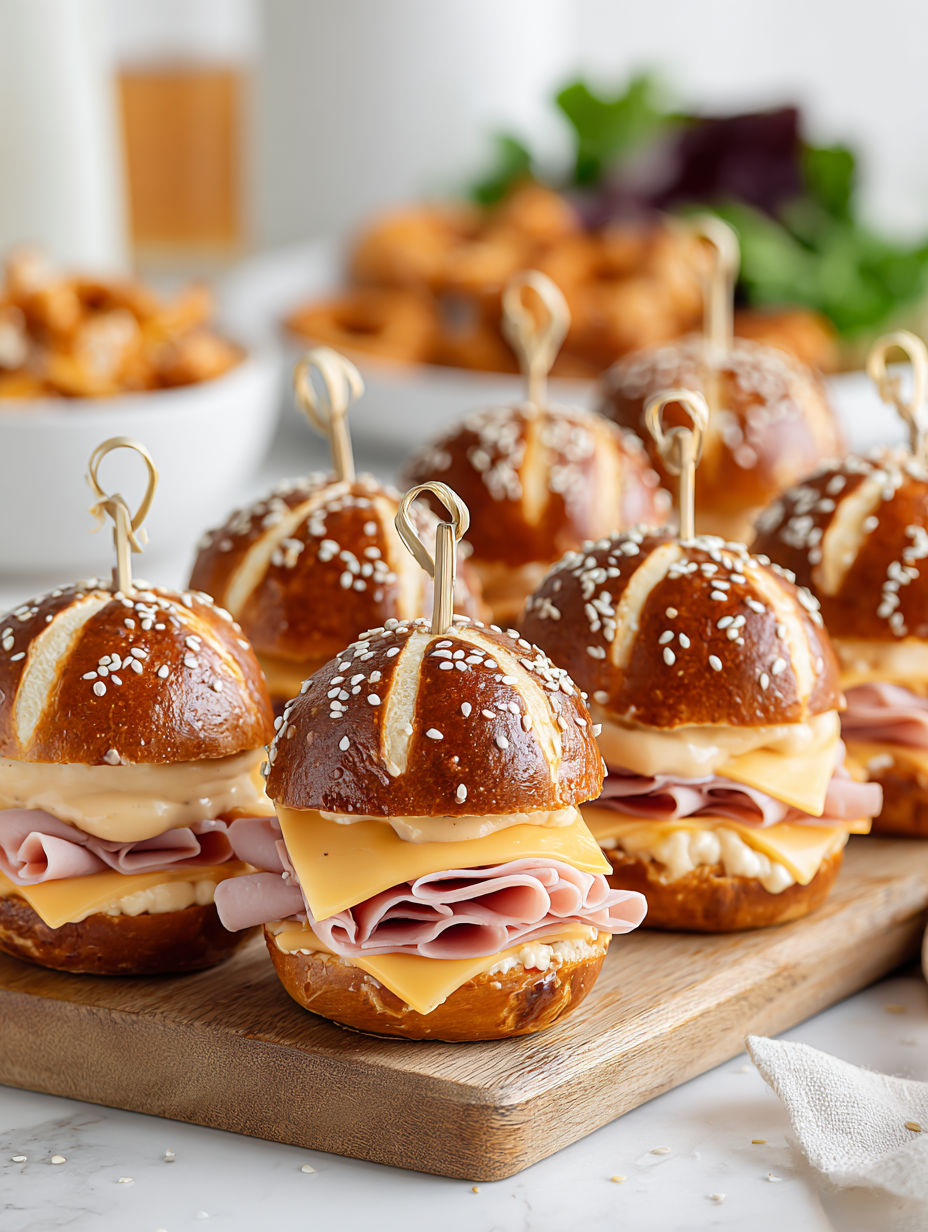 A plate of honey mustard ham and cheese on pretzel sliders.