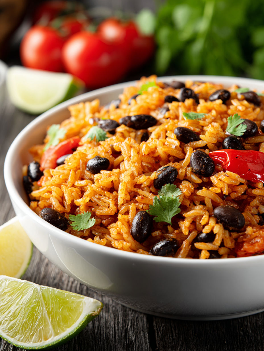 A bowl of rice and black beans.