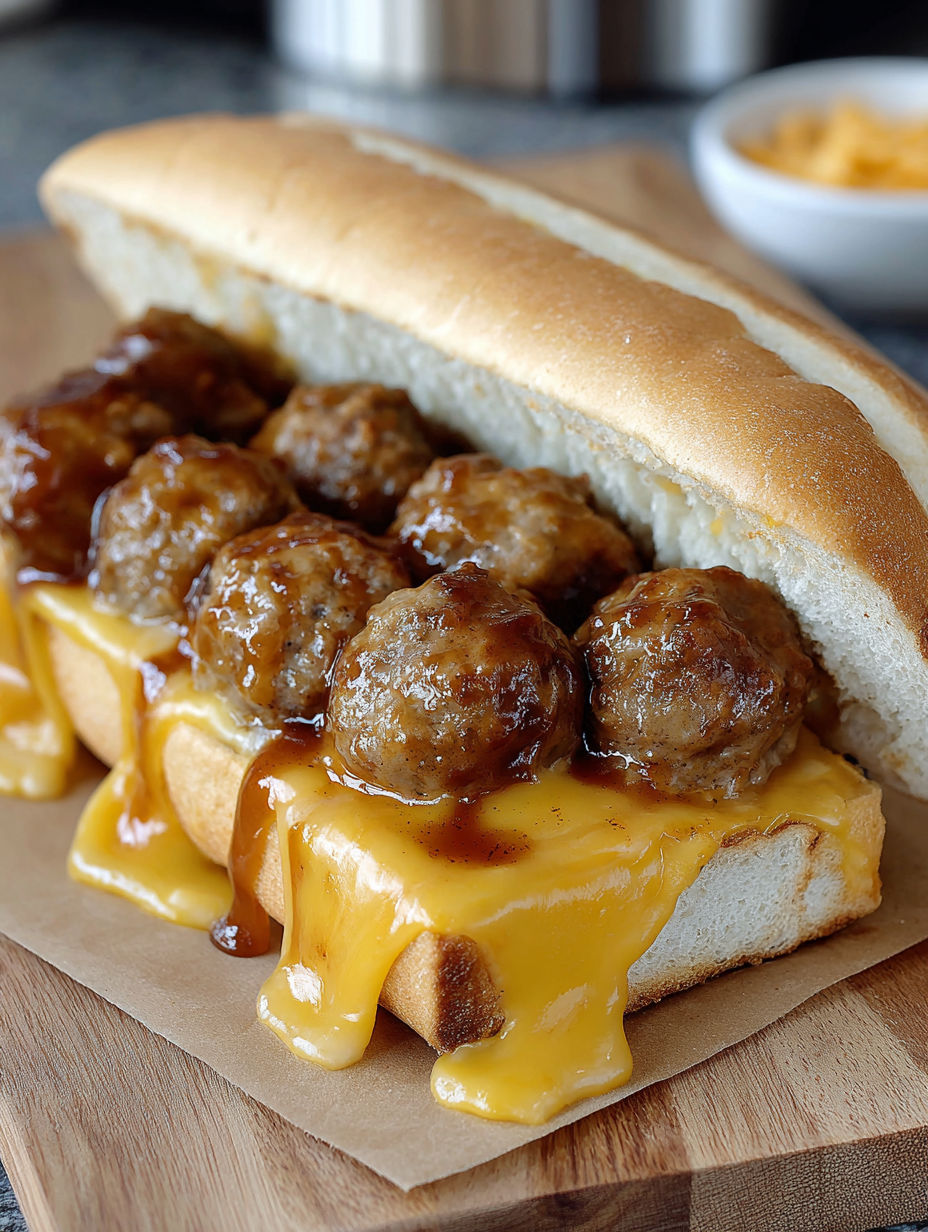 A BBQ meatball sub with cheese and sauce.