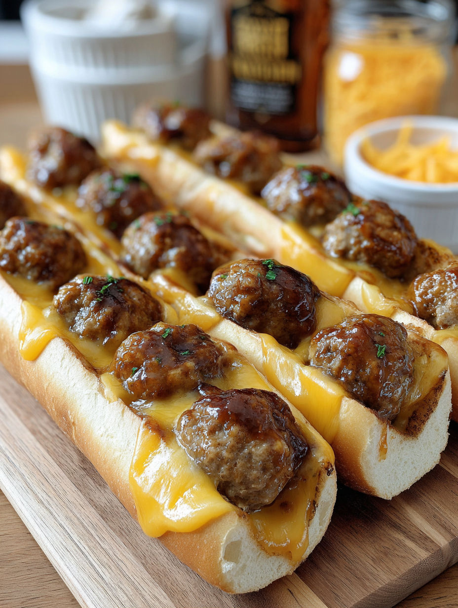 A BBQ meatball sub with cheese and meatballs.