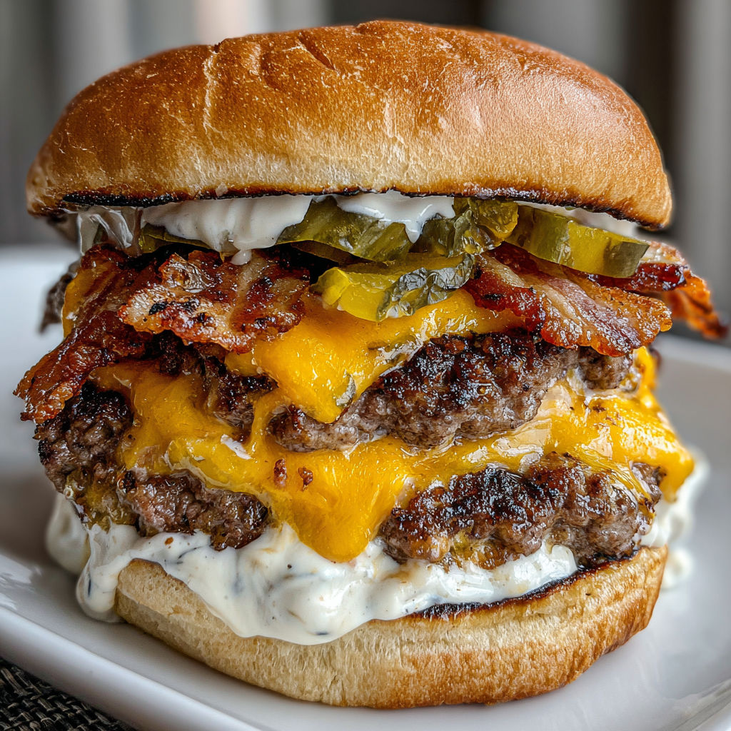 A double-decker smash burger with ranch.