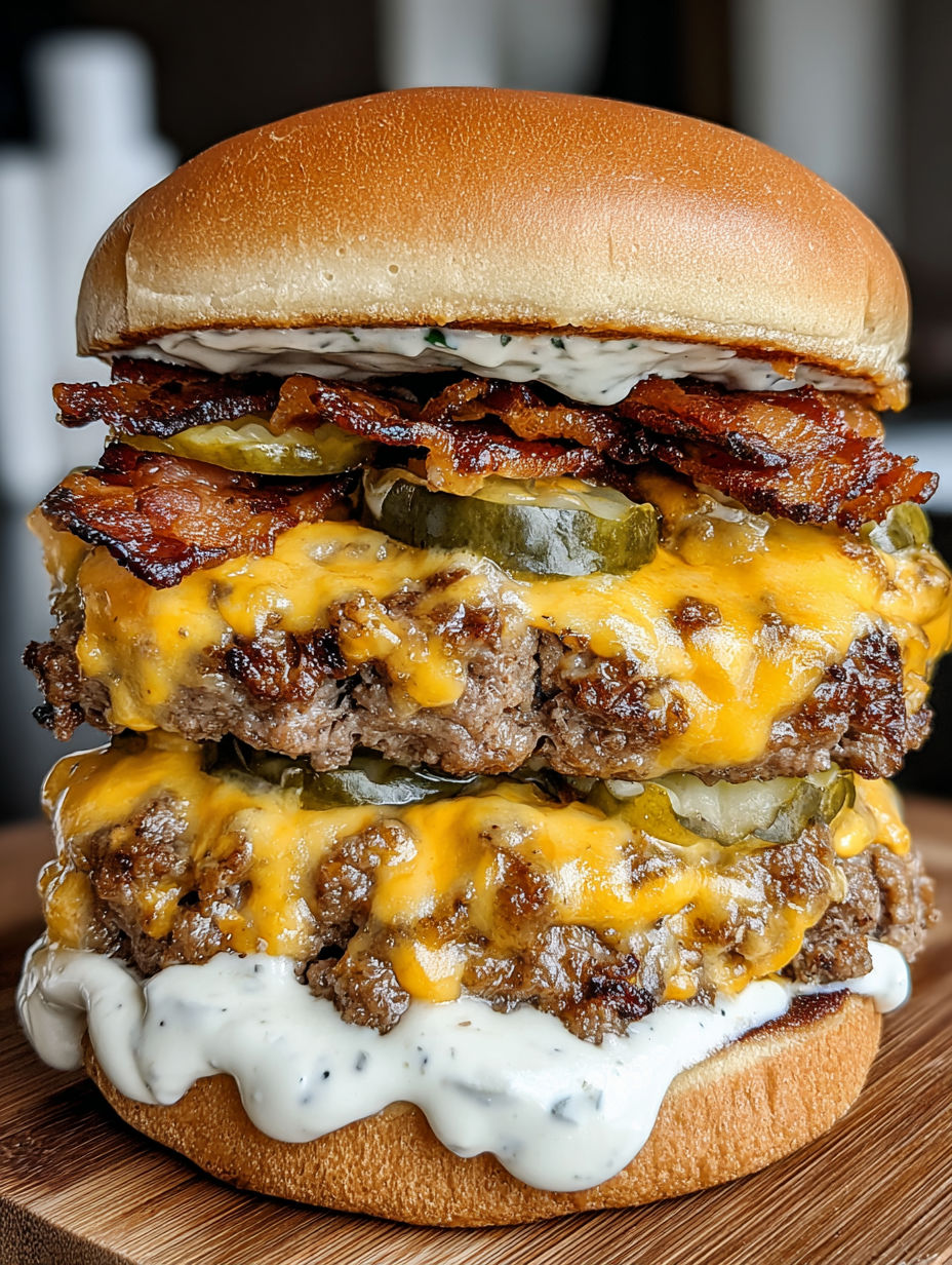 A double-decker smash burger with ranch.