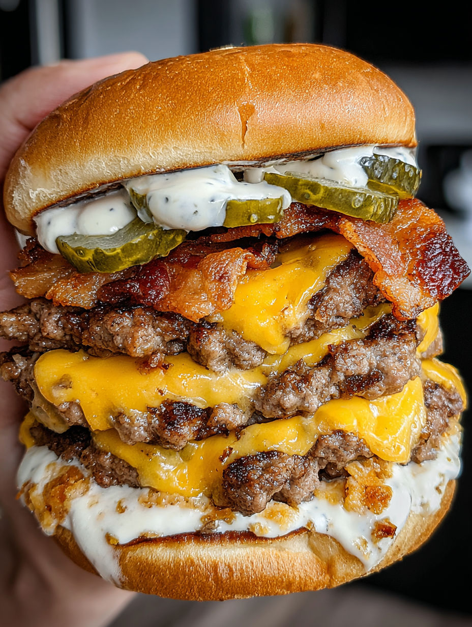 A double-decker smash burger with ranch.