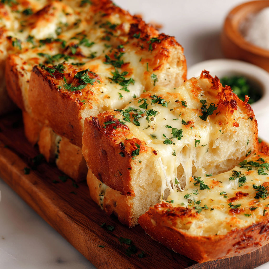 A slice of cheesy roasted garlic bread.