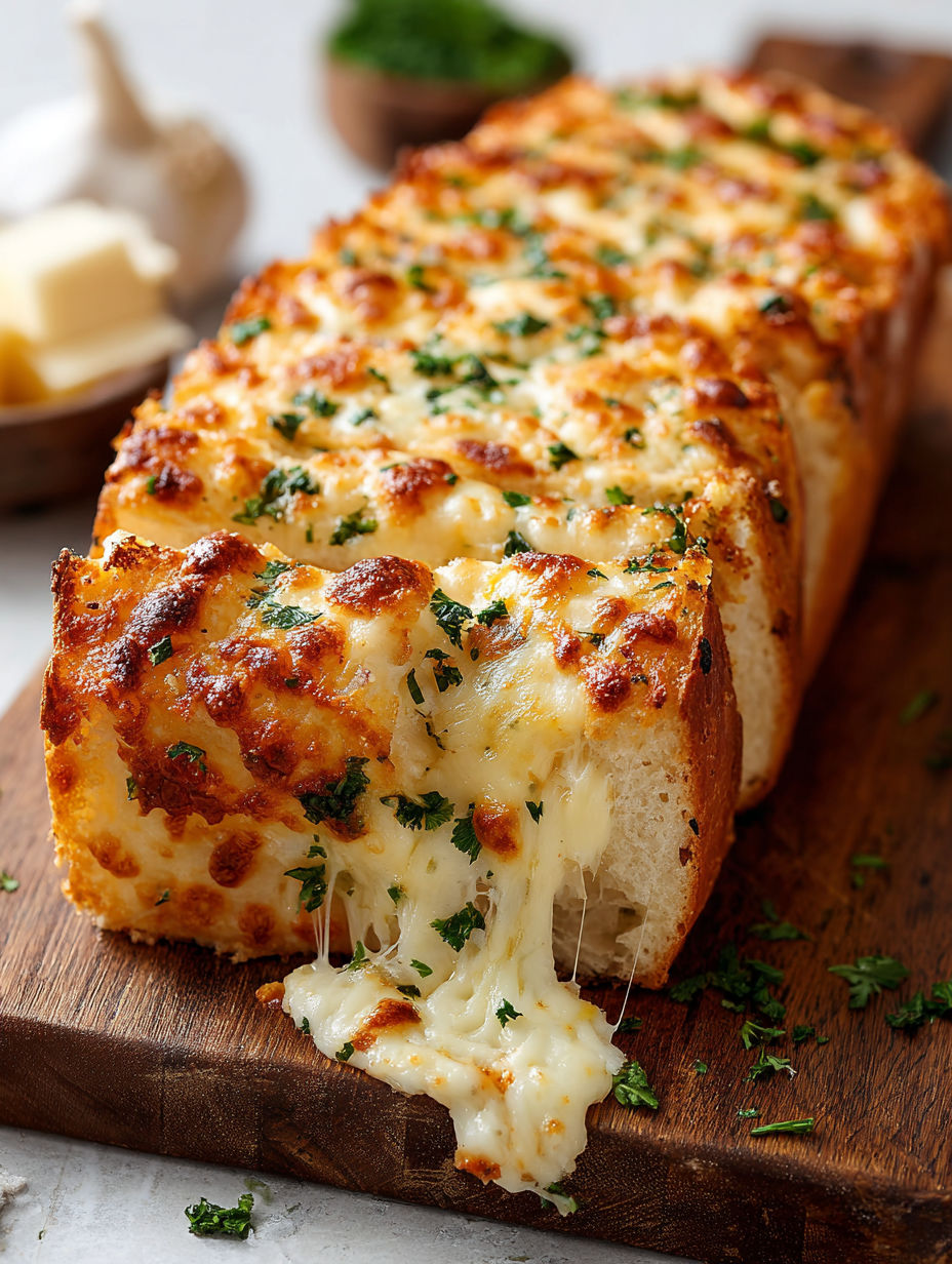 A slice of cheesy roasted garlic bread.