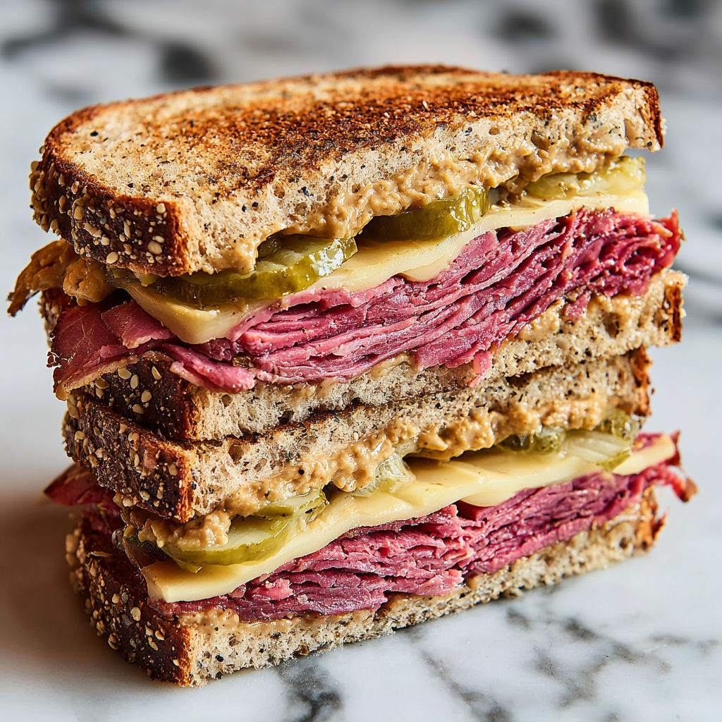 A stack of pastrami sandwiches on rye.