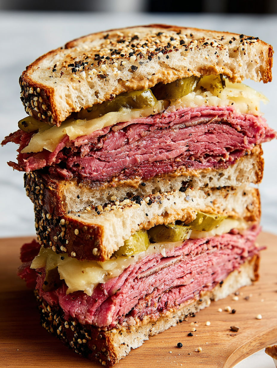 A stack of pastrami sandwiches on rye.
