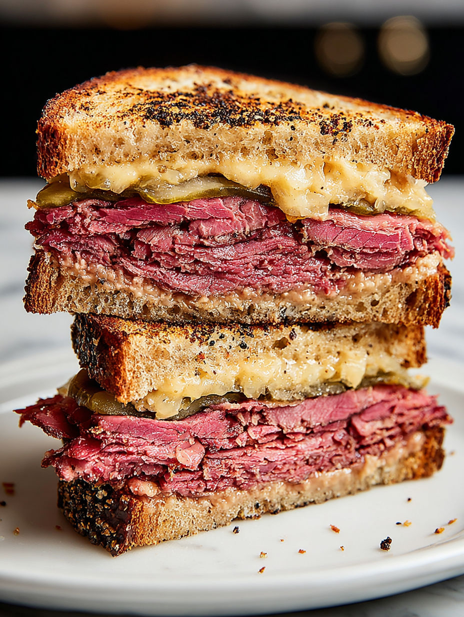 A stack of pastrami sandwiches on rye.