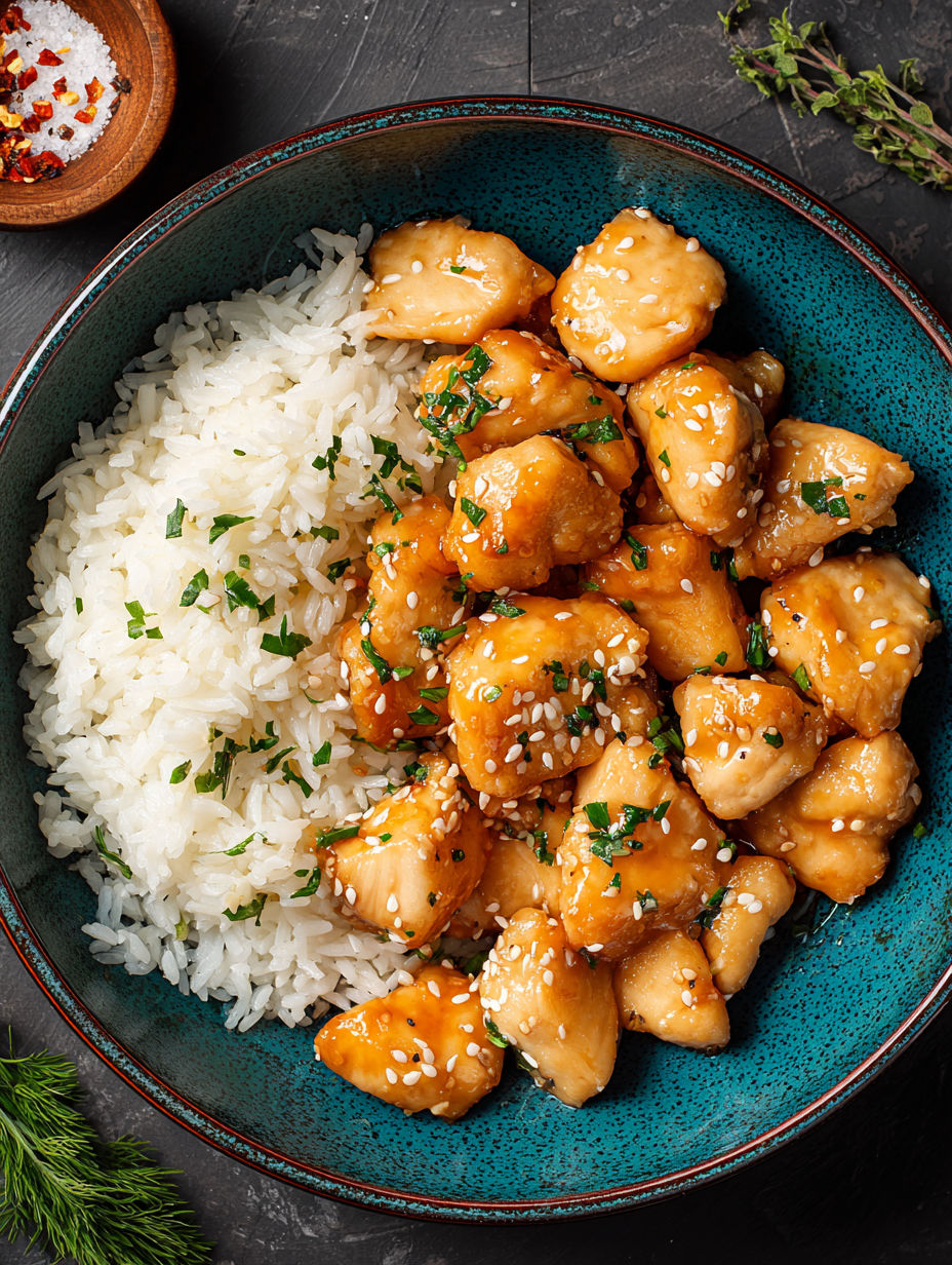 A plate of chicken bites in a sweet garlic sauce.