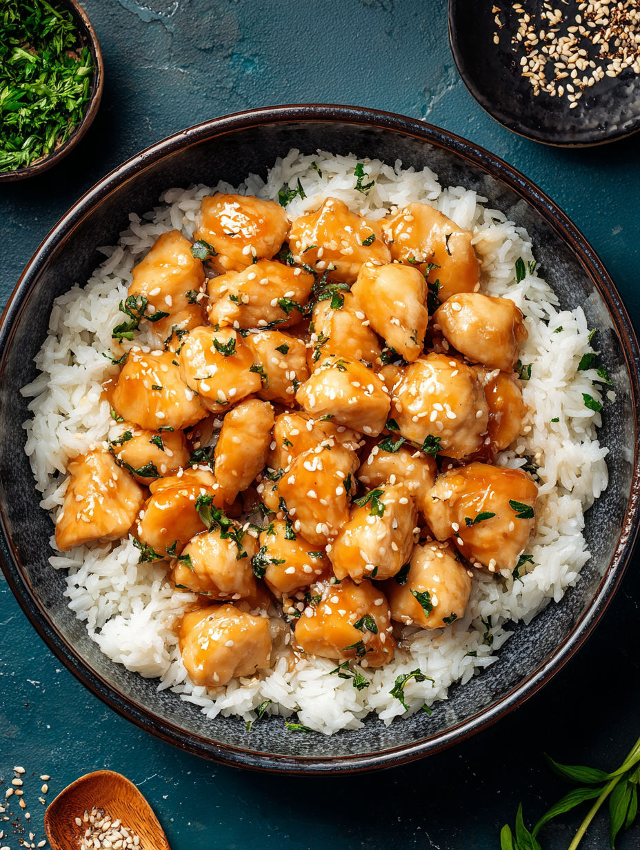 A bowl of chicken bites in a sweet garlic sauce.