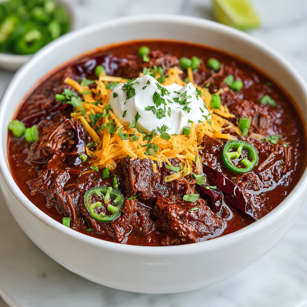 A bowl of Texas chili with cheese and jalapenos.