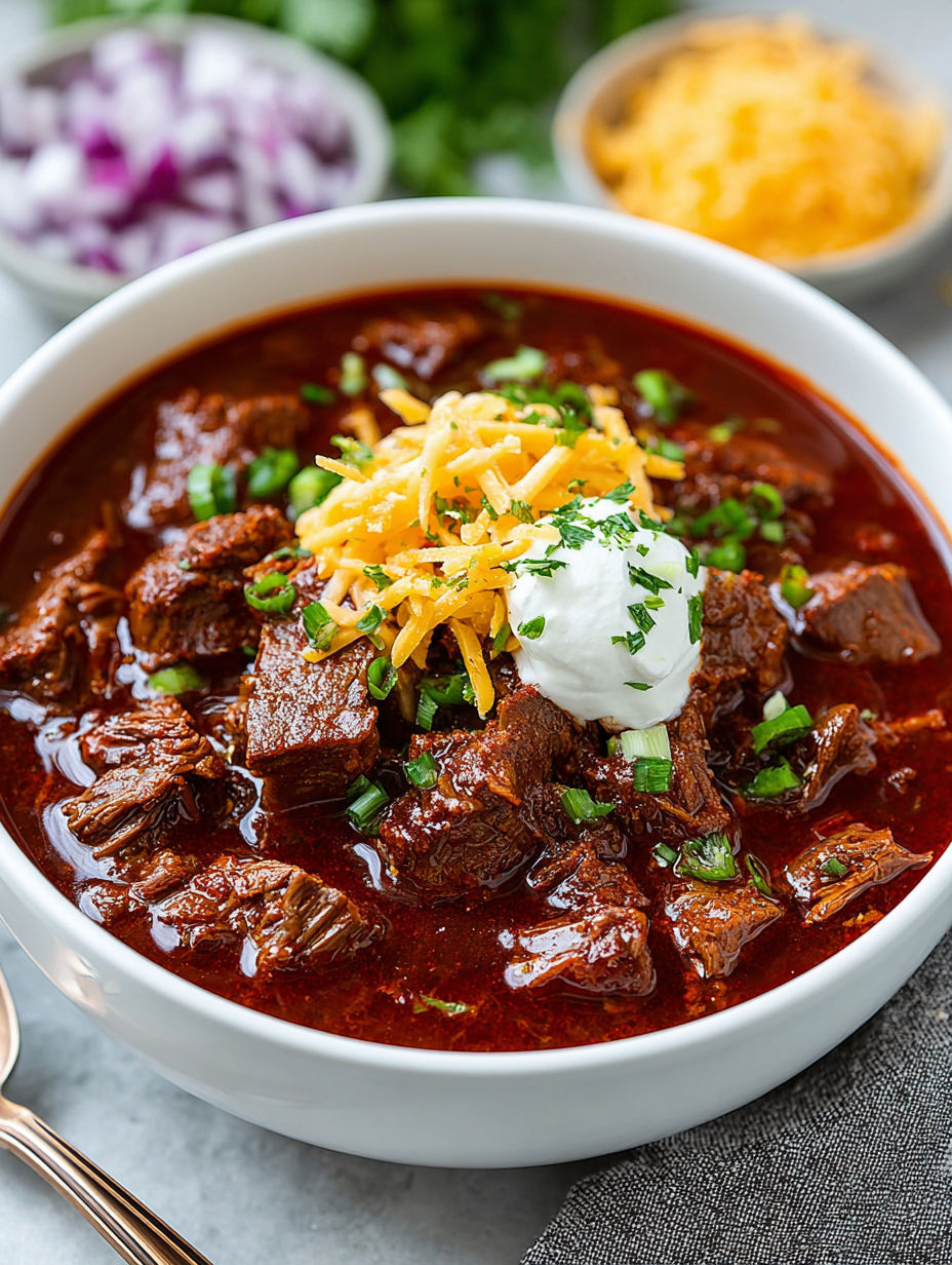 A bowl of Texas chili with cheese and onions.