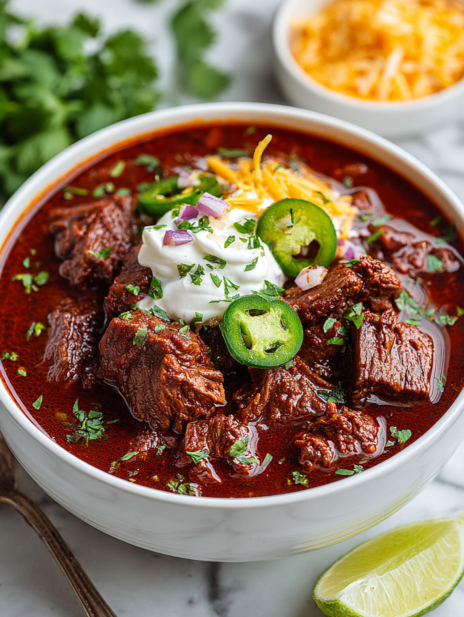 A bowl of Texas chili with cheese and jalapenos.
