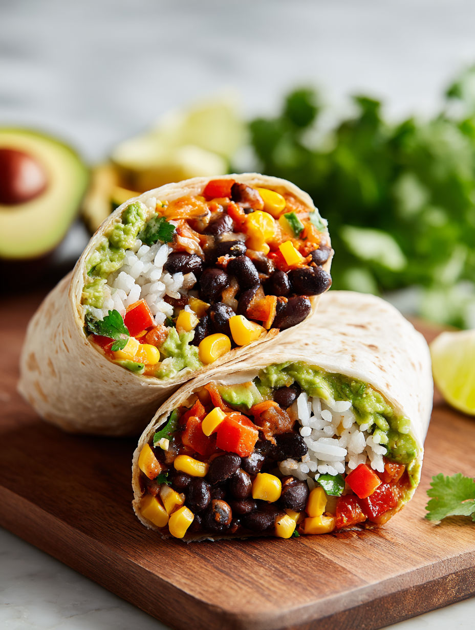 Two black bean and guacamole burritos.