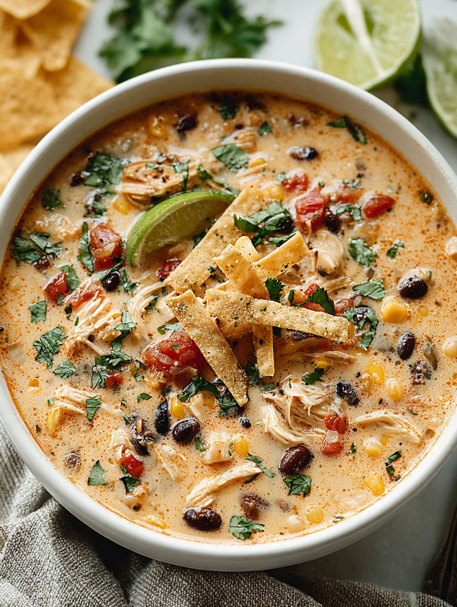 A bowl of creamy chicken tortilla soup.