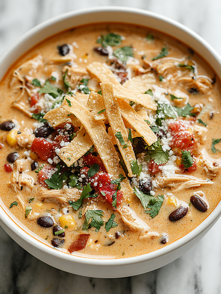 A bowl of creamy chicken tortilla soup.