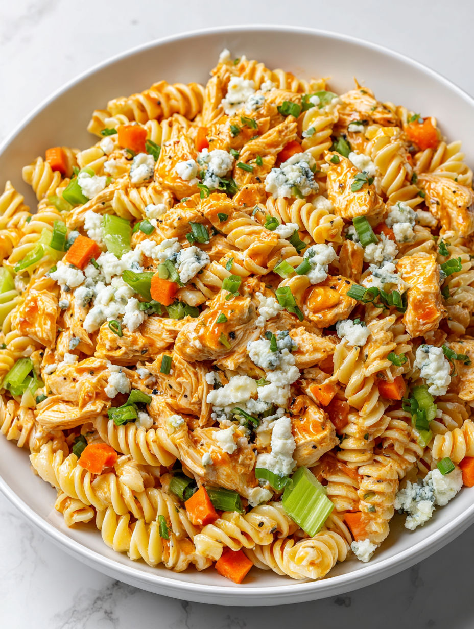 A bowl of pasta salad with chicken and blue cheese.