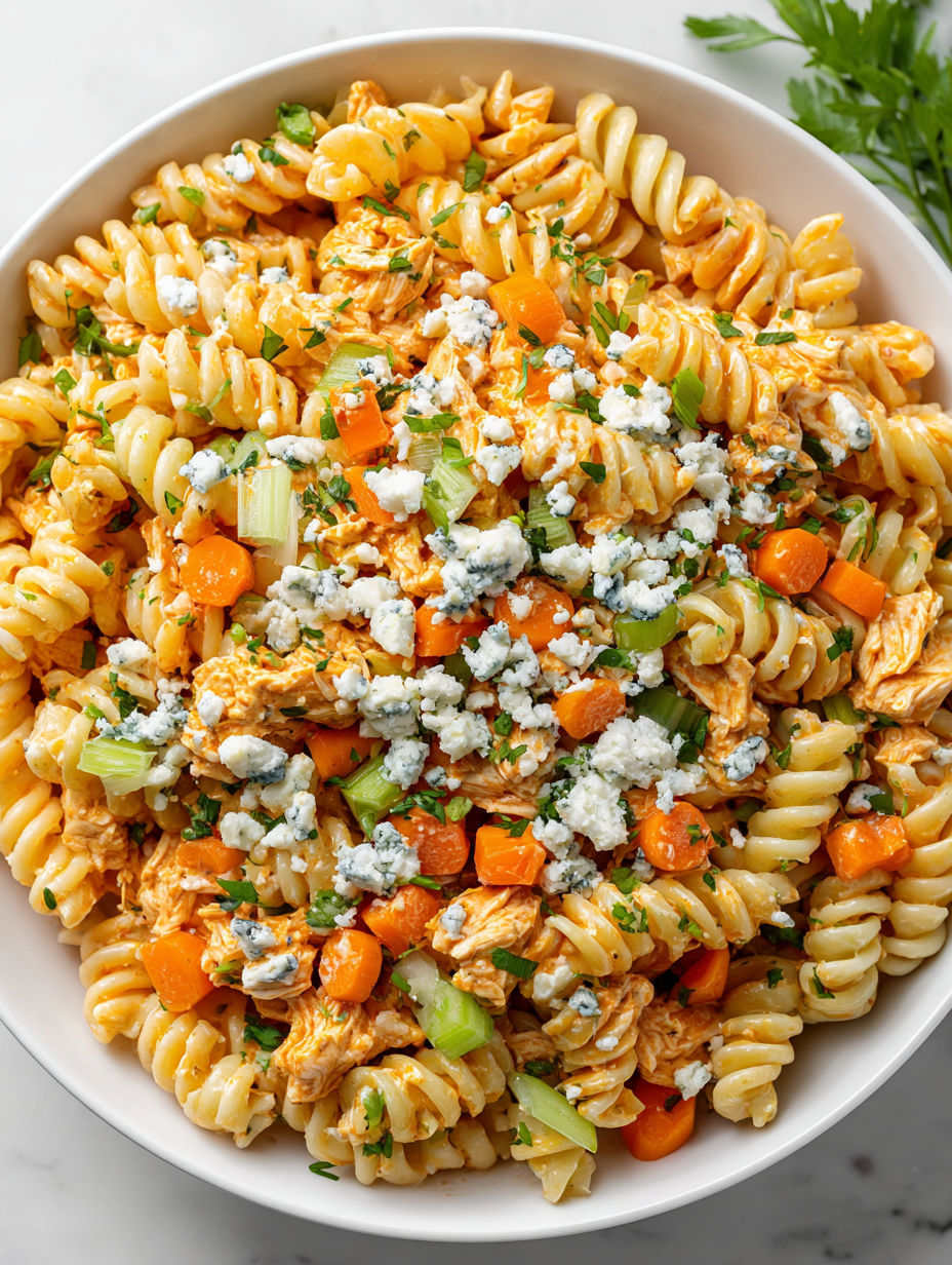 A bowl of pasta salad with chicken and blue cheese.