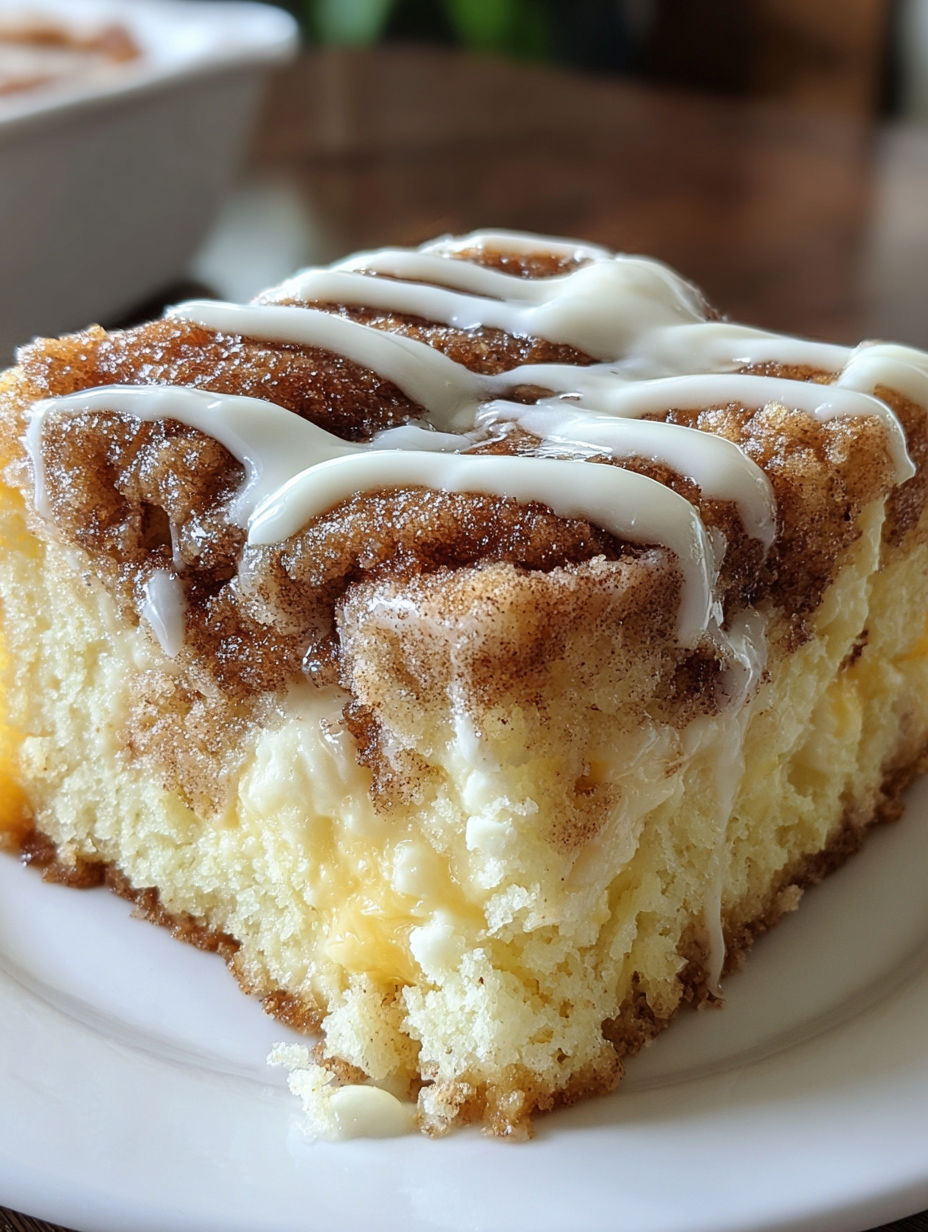 A slice of cinnamon roll poke cake.