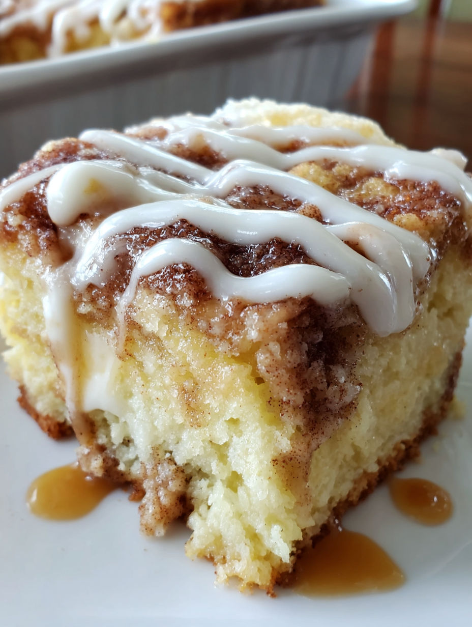A slice of cinnamon roll poke cake.