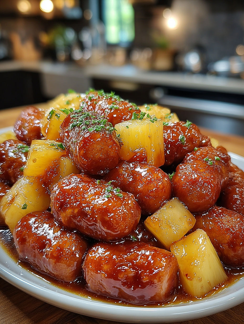 A plate of pineapple brown sugar smokies bites.