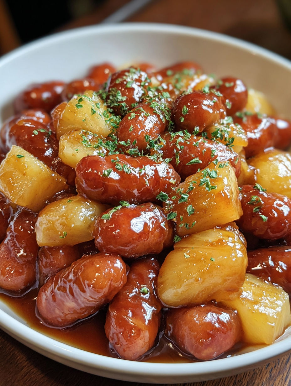 A bowl of pineapple brown sugar smokies bites.