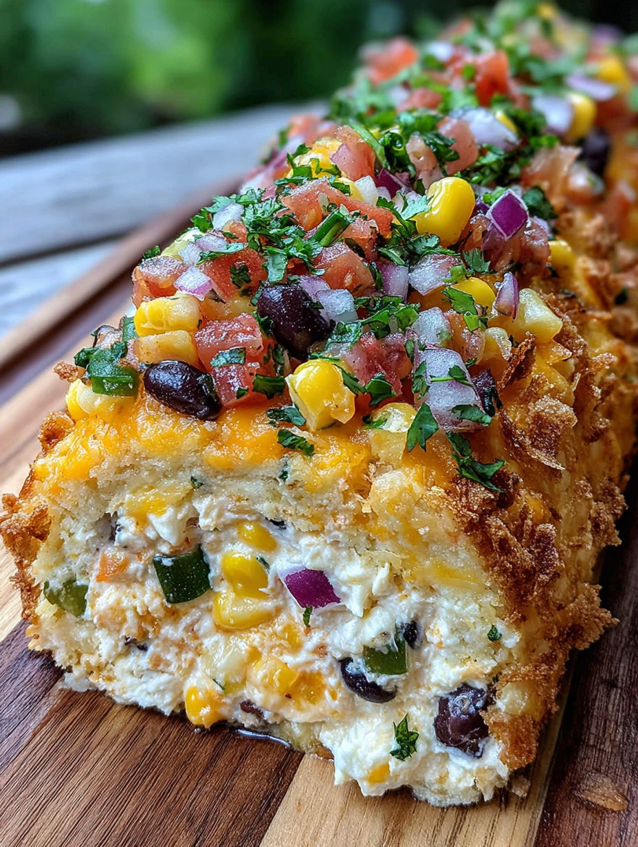 A jalapeno popper cheese log with corn and black beans.