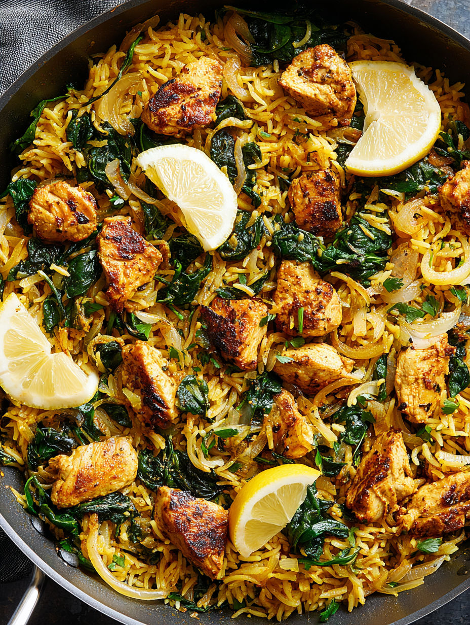 A dish of chicken and rice with lemon wedges on top.