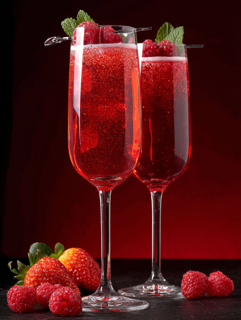Two glasses of red drinks with strawberries on the side.