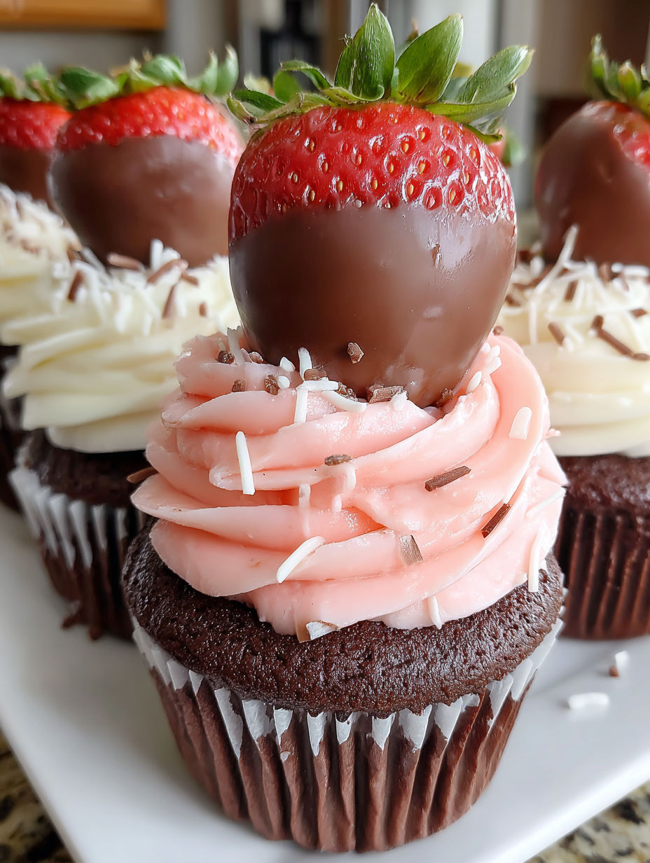 Chocolate covered strawberry cupcakes with chocolate drizzle.