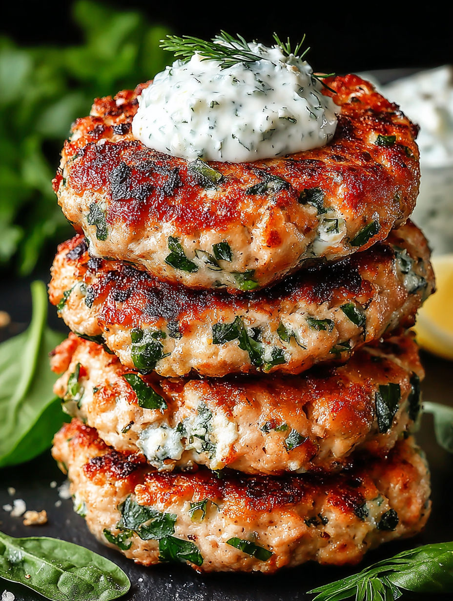 A stack of meat patties with a dollop of sauce on top.