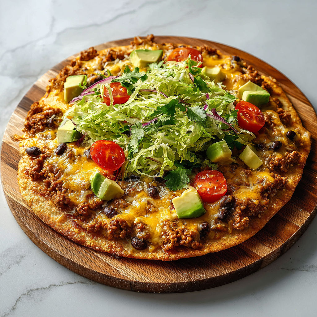 A flatbread pizza with ground turkey and toppings.