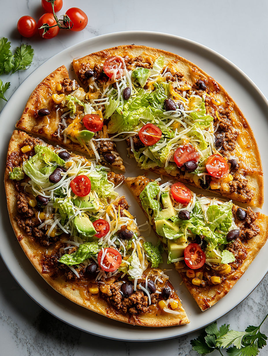A slice of pizza with tomatoes, lettuce, and ground turkey.
