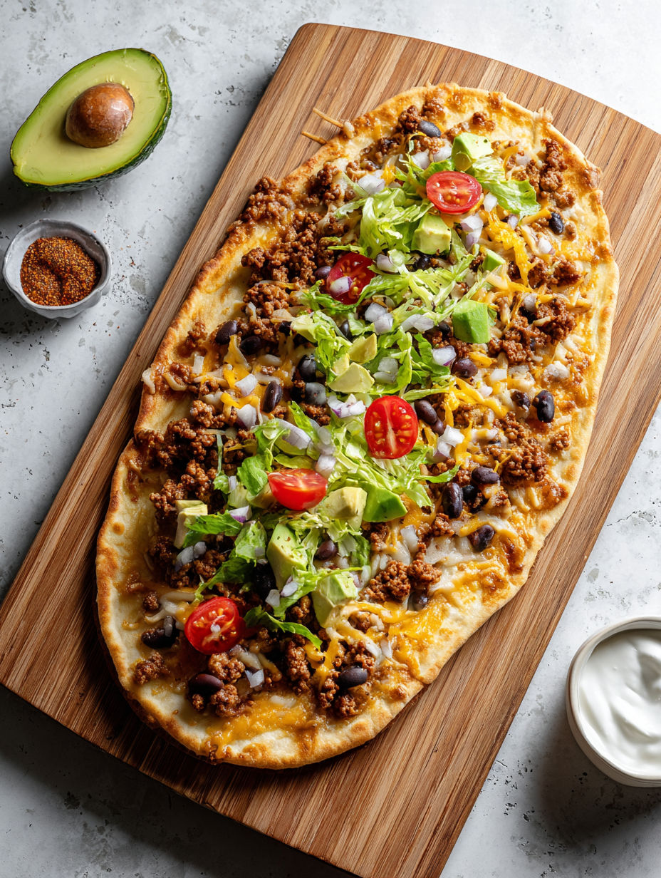 A flatbread pizza with ground turkey and vegetables.
