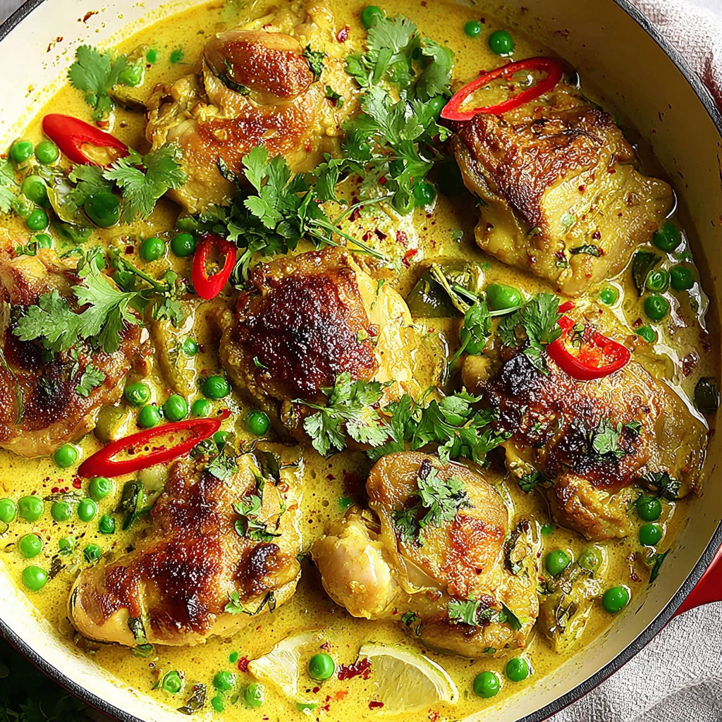 A bowl of chicken thighs in a yellow sauce.