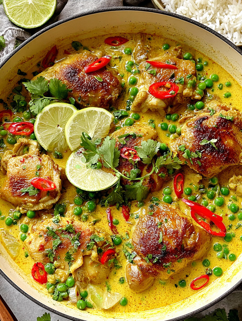 A bowl of chicken thighs in a curry.