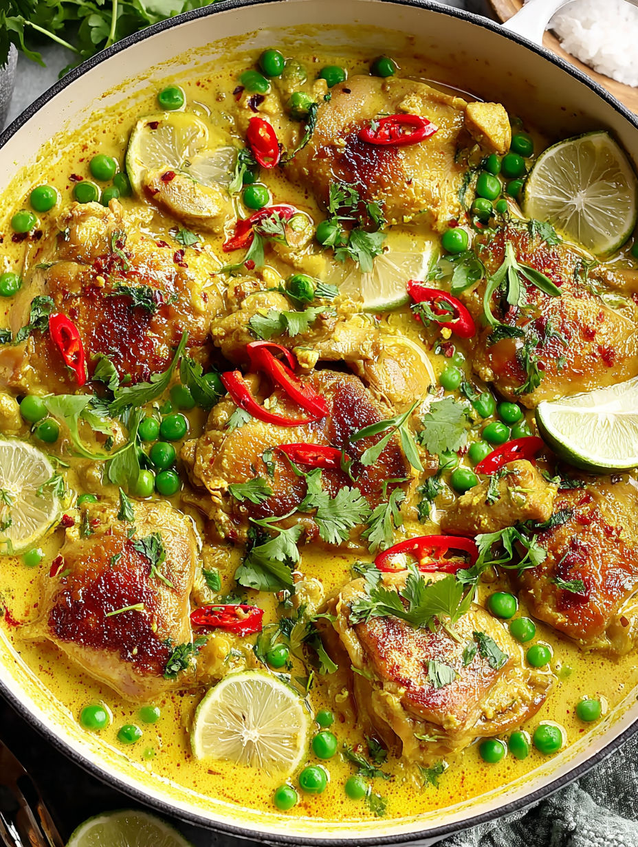 A dish of chicken thighs in a yellow sauce.