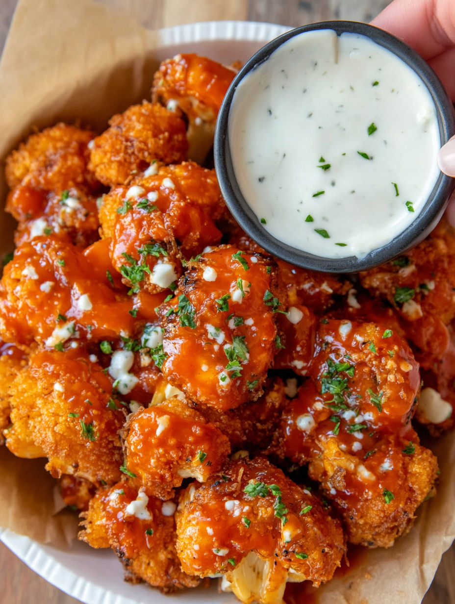A bowl of crispy buffalo cauliflower bites.