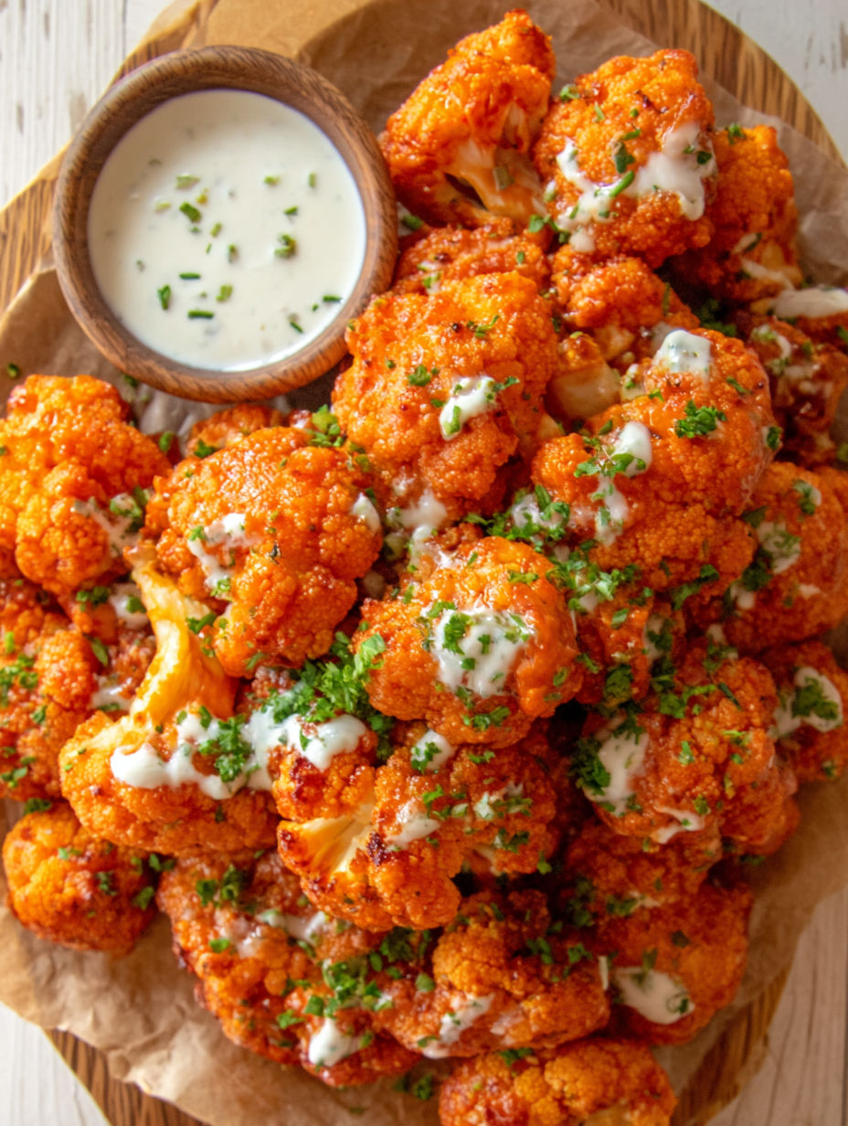 A plate of crispy buffalo cauliflower bites.