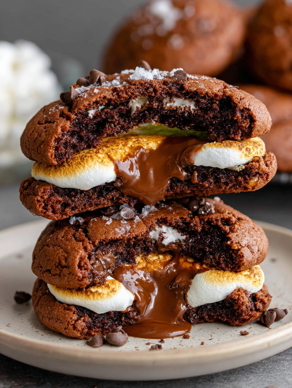 Two chocolate cookies with marshmallows and Nutella in between.