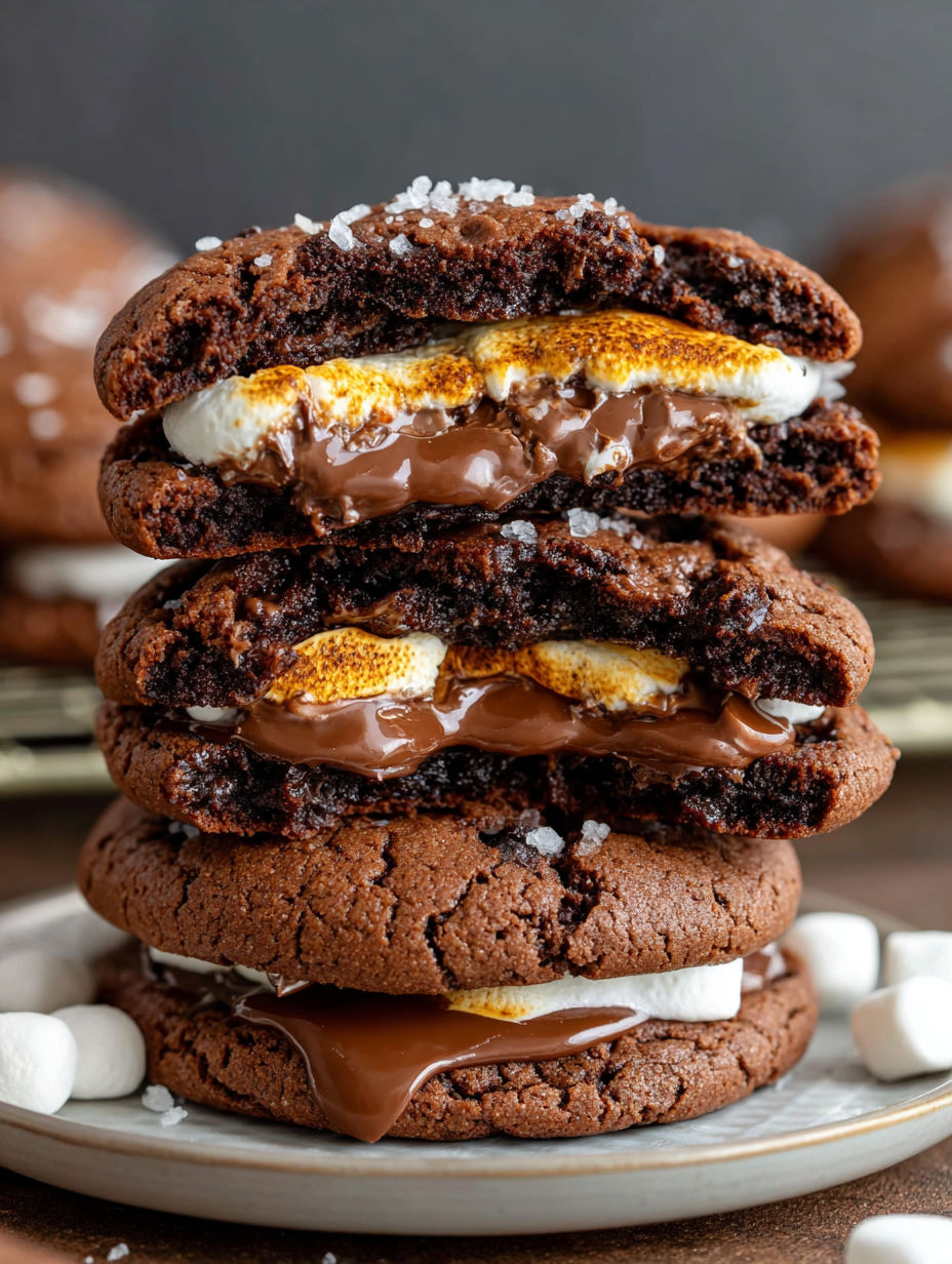 A stack of chocolate cookies with marshmallows and Nutella.