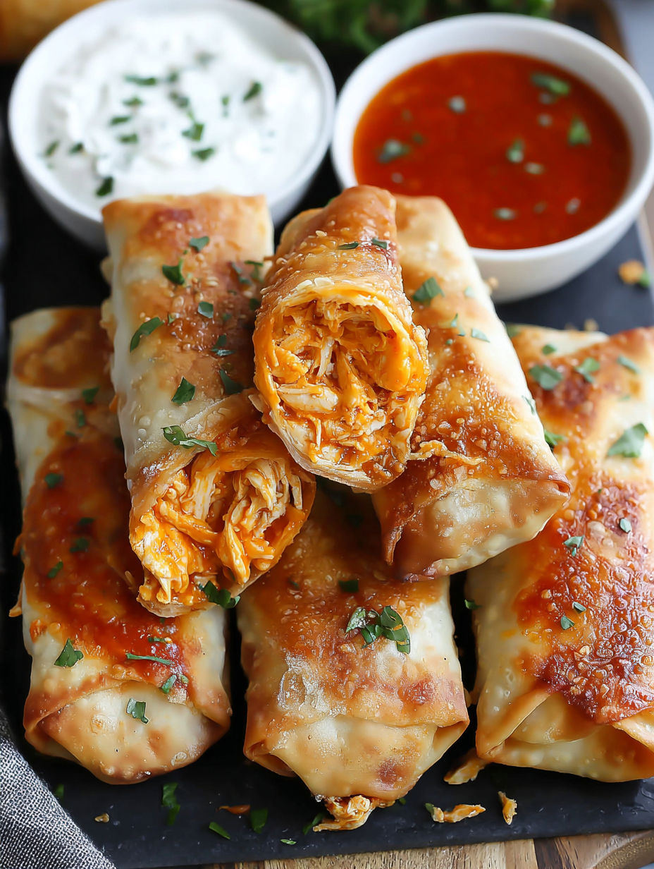 Spicy Buffalo Chicken Egg Rolls on a plate.