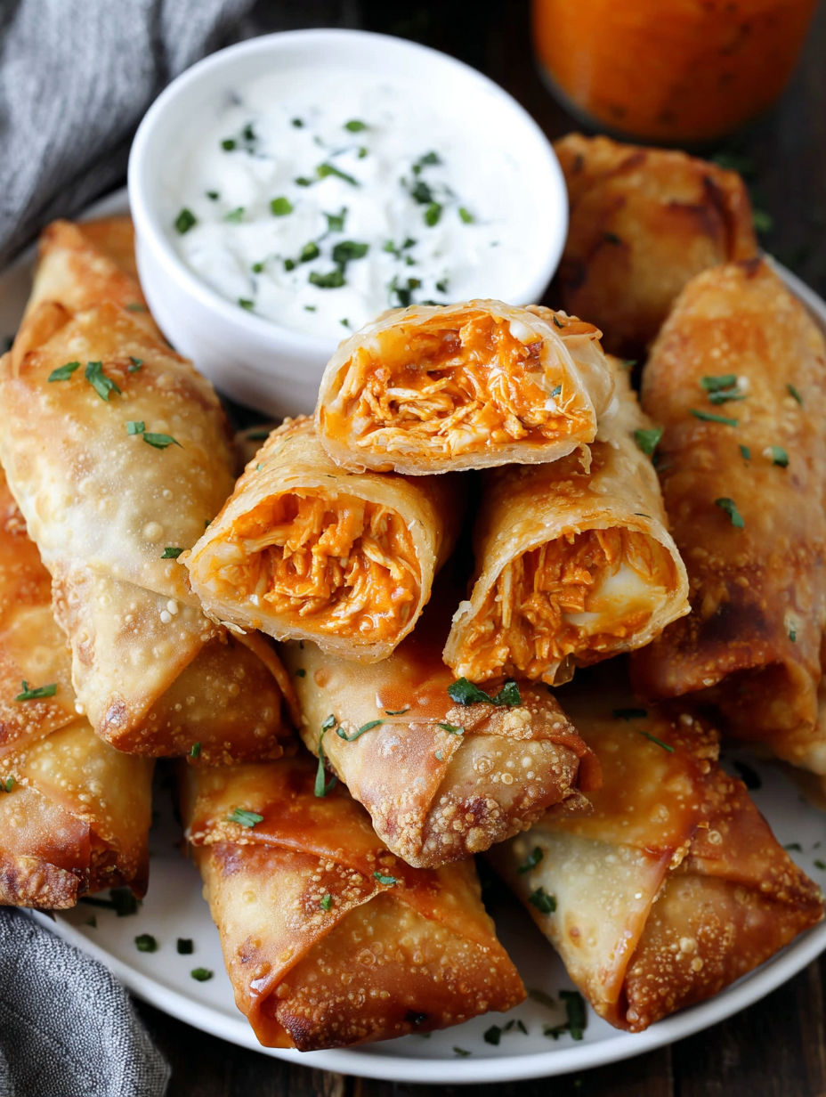A plate of spicy buffalo chicken egg rolls.