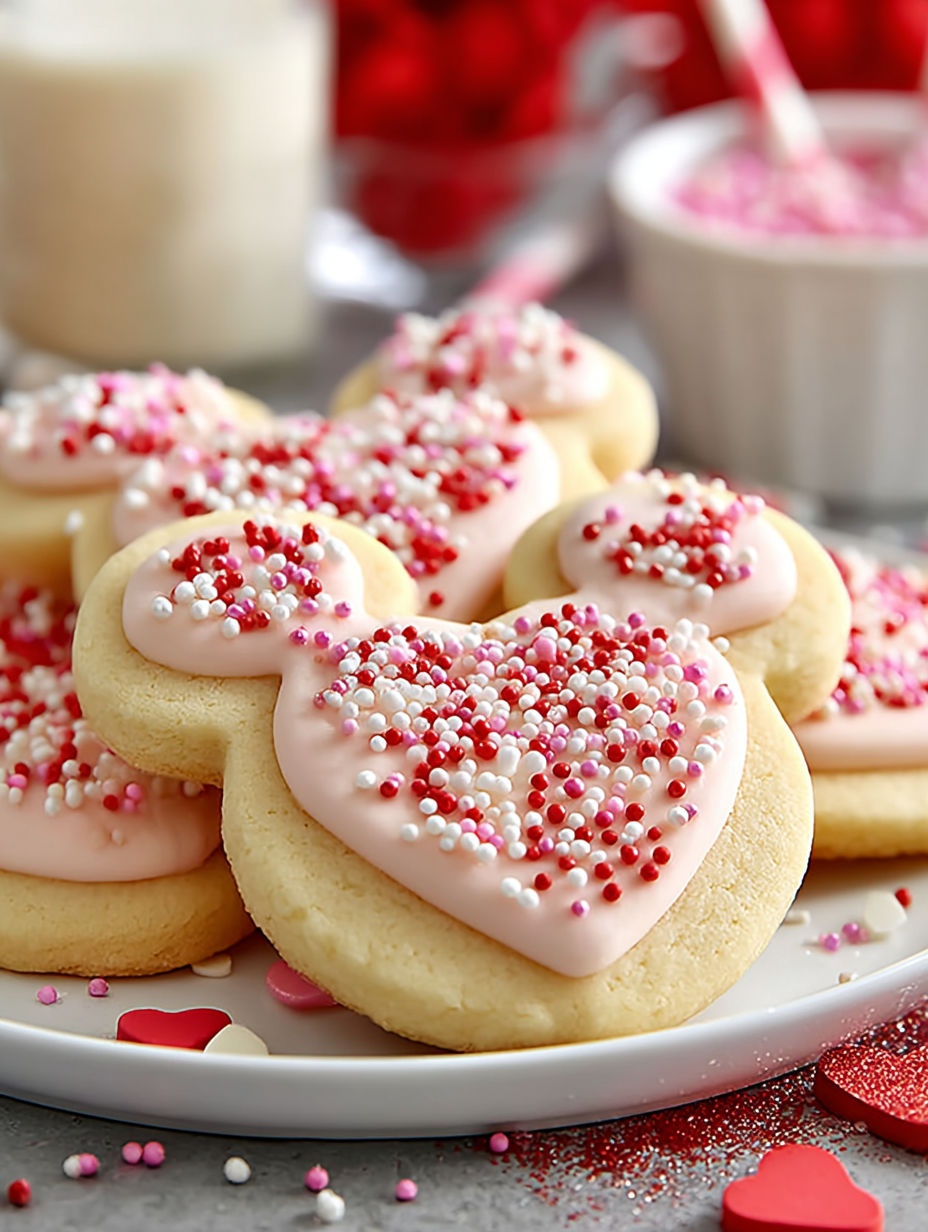 A plate of heart-shaped cookies with white icing and red sprinkles.
