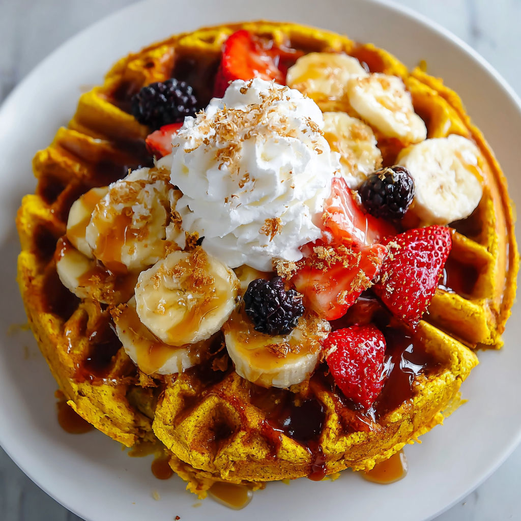 A plate of waffles with bananas, strawberries, and whipped cream.