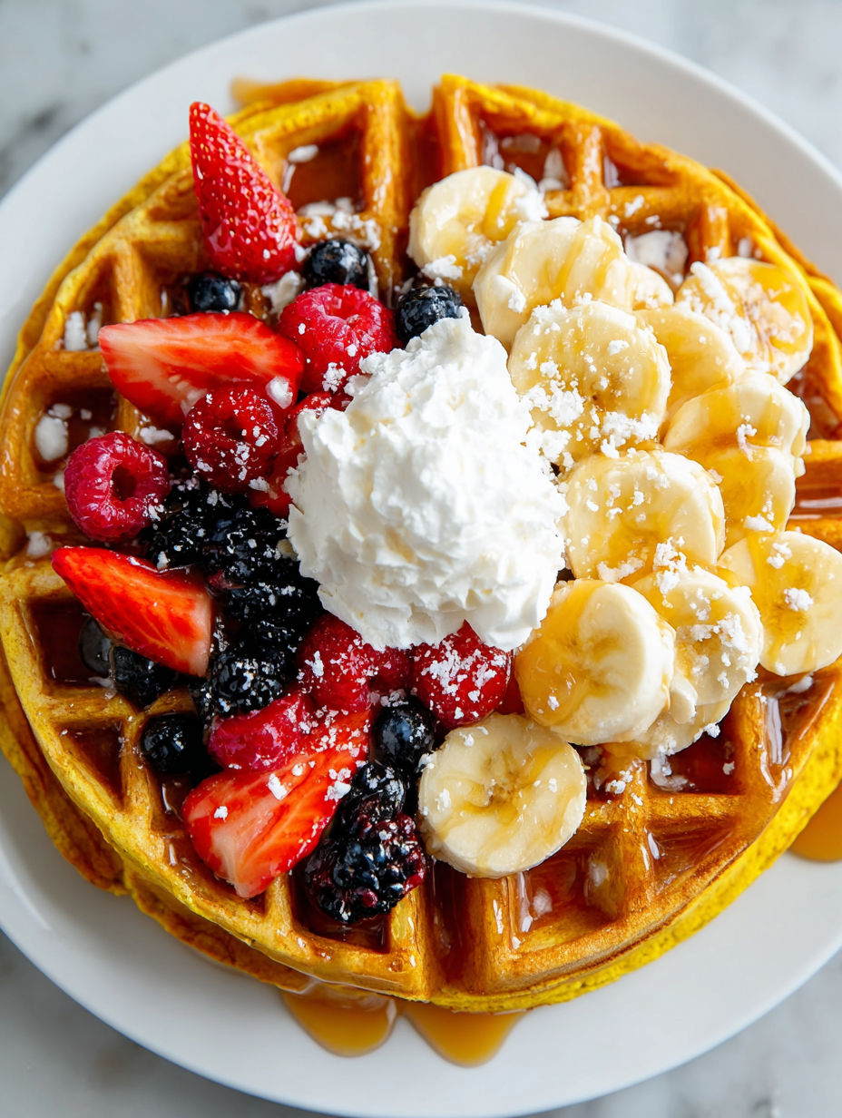 A plate of waffles with bananas and strawberries on top.