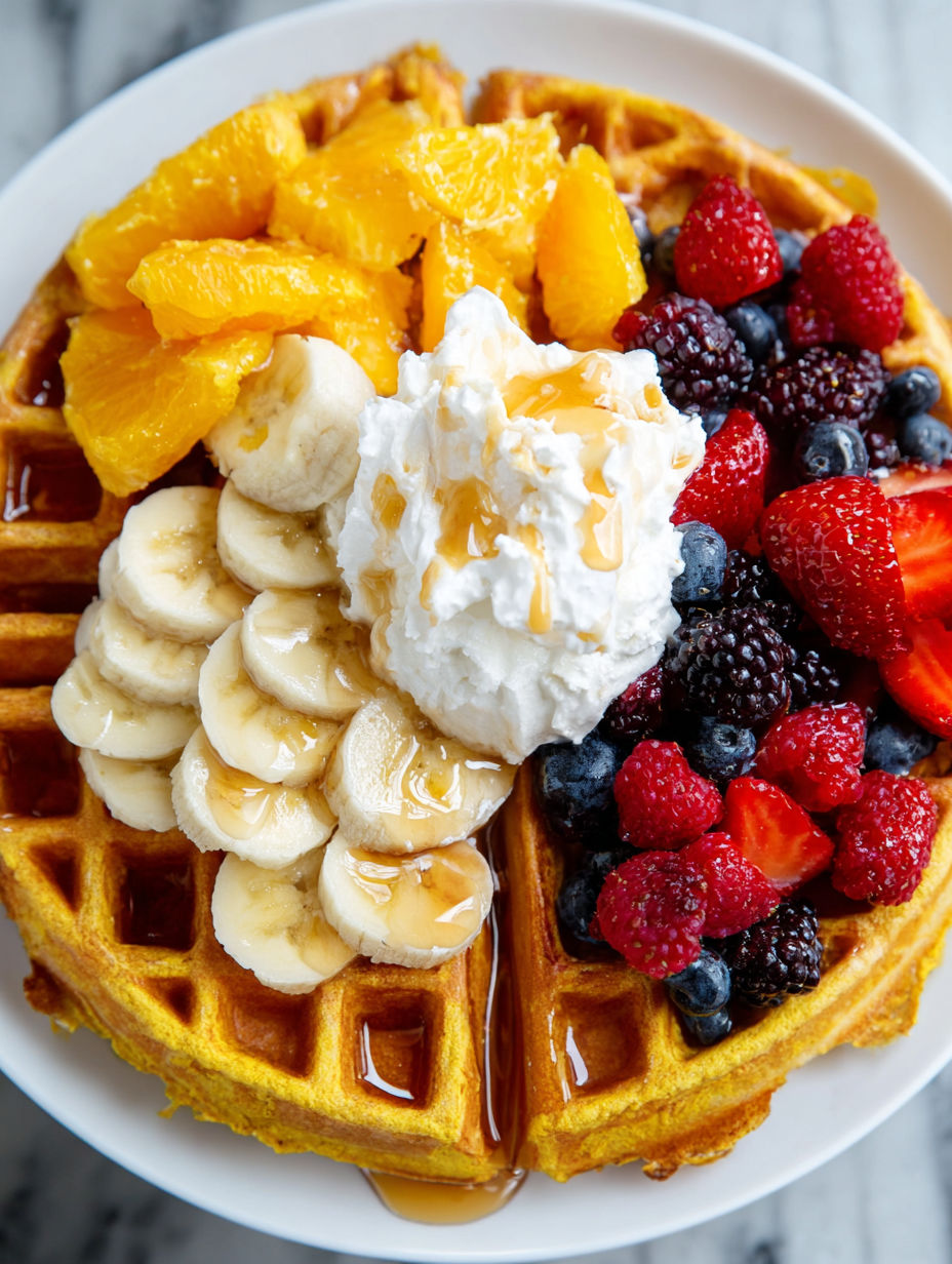 A plate of waffles with bananas, strawberries, and blueberries.