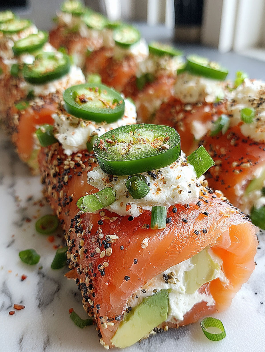 A smoked salmon and cream cheese roll up with green onions on top.