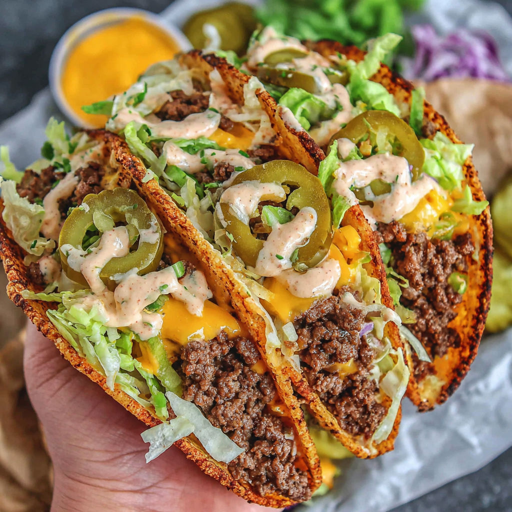 A person is holding a smash burger taco.