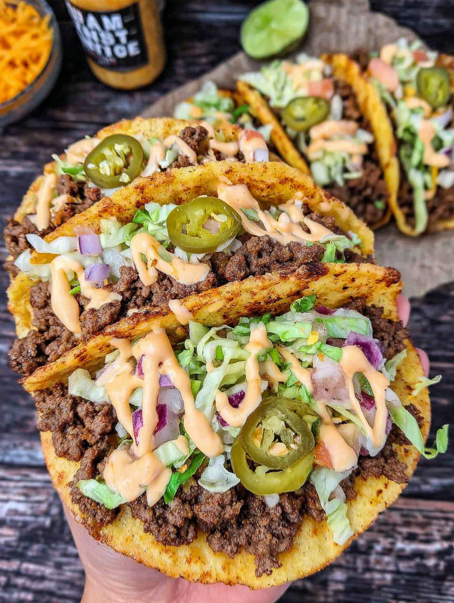 A taco with lettuce, jalapenos, and sour cream.